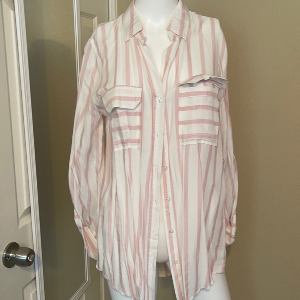 White and light pink striped long sleeve blouse